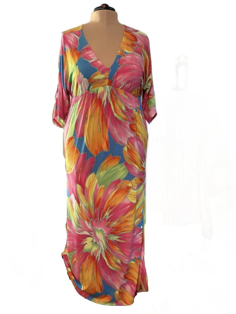 White Birch Bright Multi Color Floral Print Women's Maxi Dress Sz M Pockets